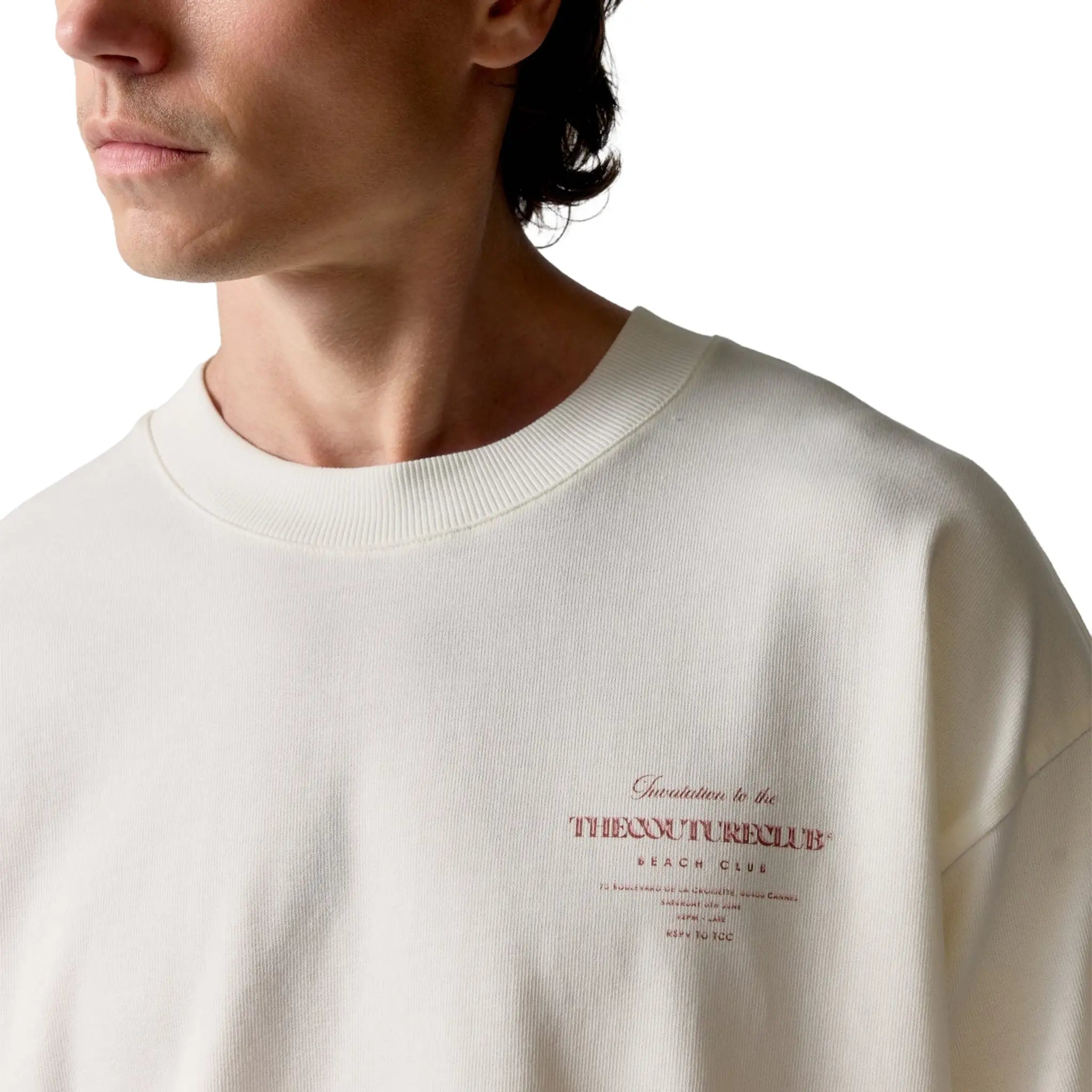 Detailed Front View of The Couture Club Beach Club Graphic Off White Pink T-Shirt